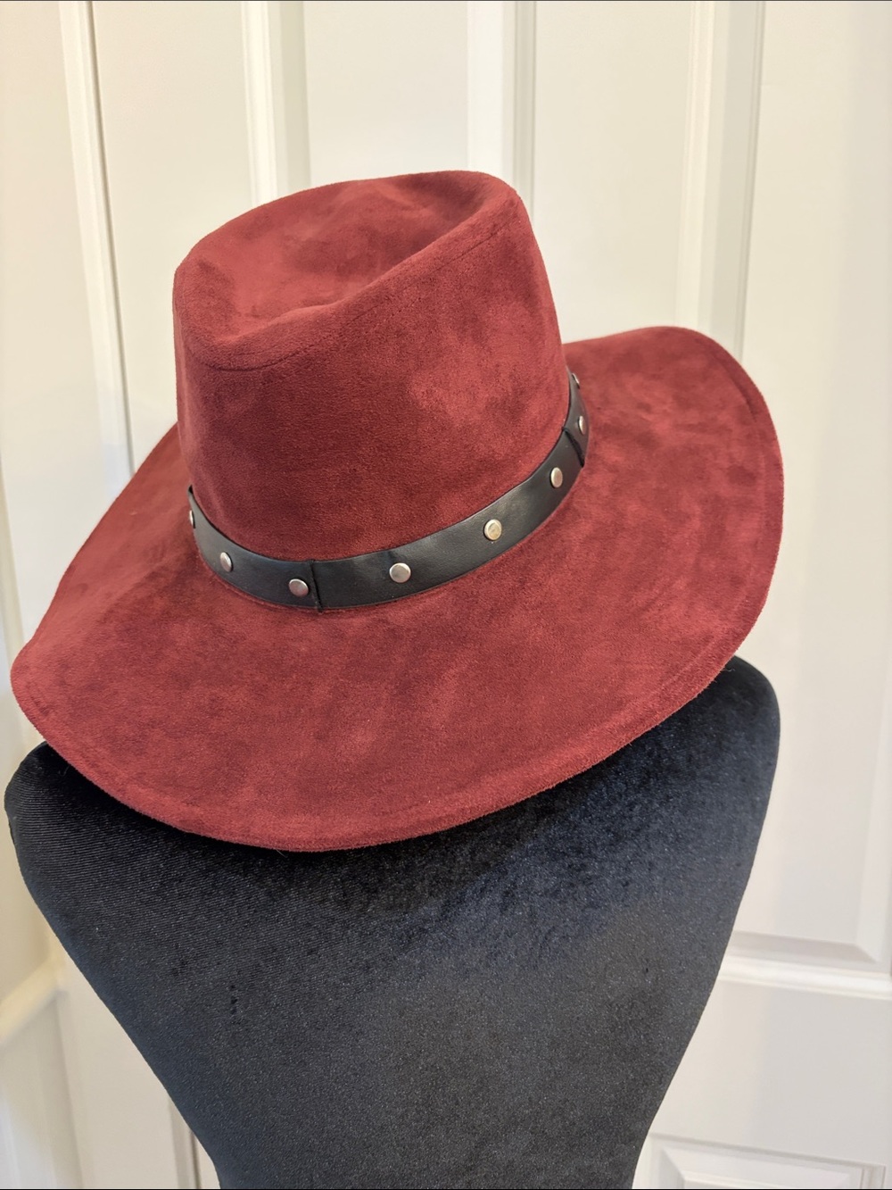 Wide-Brim Faux Suede Fedora/Rancher Hat in Burgundy with Studded Band